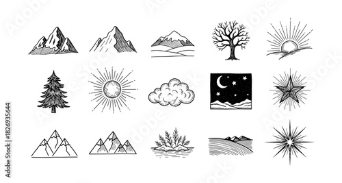 Hand-drawn nature elements: mountains, trees, and sunbursts in vintage style