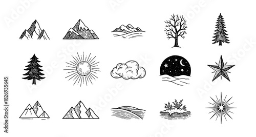 Hand drawn nature elements set featuring mountains, trees, sun, moon, and stars