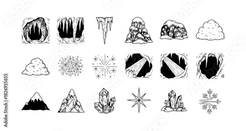 Hand drawn winter elements: caves, snowflakes, crystals, mountains, and icicles