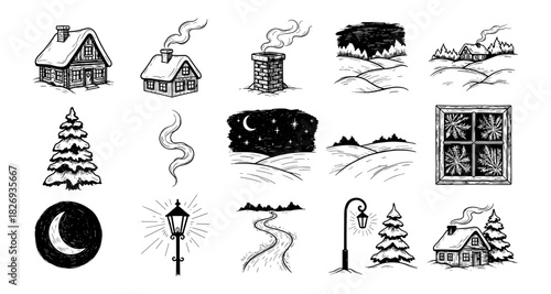 Hand-drawn winter landscape elements with snowy houses, trees, and night sky scenes