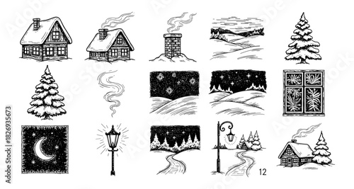 Hand drawn winter scenes of houses and landscapes with snow and trees
