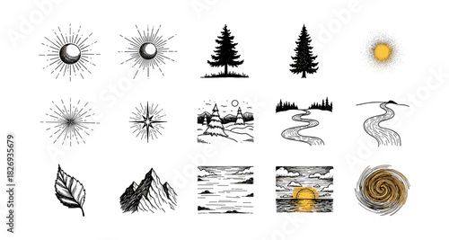Hand-drawn nature elements: trees, mountains, sun, and more
