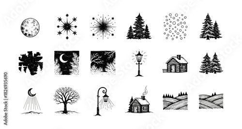 Vintage winter elements: moon, trees, snowflakes, cabins, and lampposts in black and white