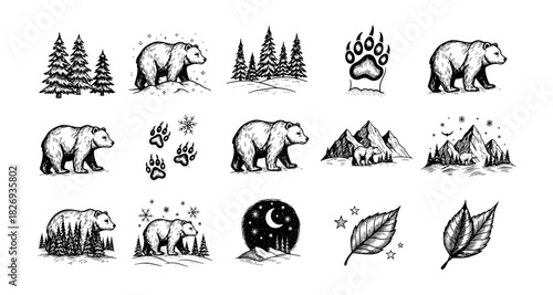 Hand-drawn bears and nature elements set in black and white