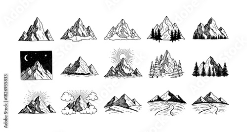 Elegant linear mountain designs with sun and moon elements