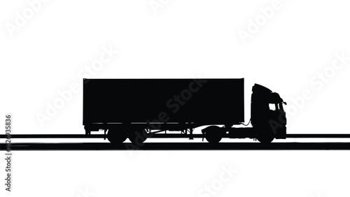 Semi trailer truck and cargo container silhouette side view isolated on white background