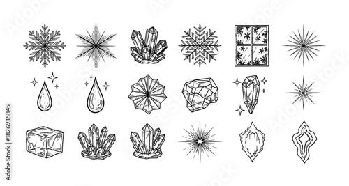 Hand drawn crystal and snowflake set with detailed frost elements