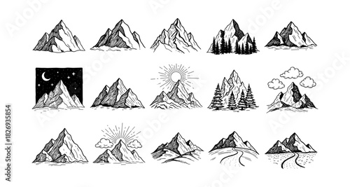 Hand-drawn mountain scenes with trees and sun in vintage style