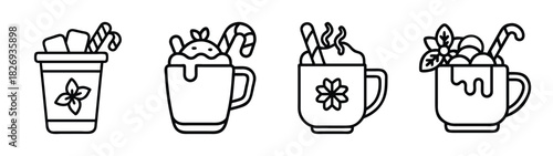Christmas holiday drinks vector art: hot chocolate, coffee, candy cane, and flower line drawing icon