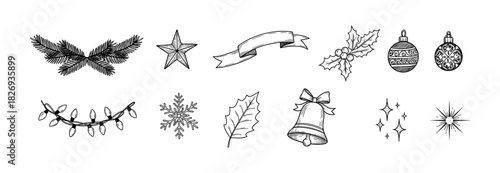 Hand-drawn christmas icons: ornaments, bell, and holly designs