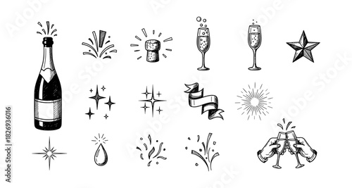Celebration elements in hand-drawn style with champagne and festive icons