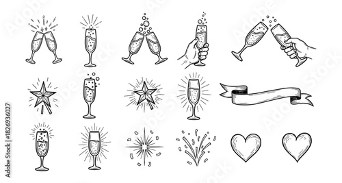 Hand-drawn celebration elements with champagne glasses, hearts, and decorative banners