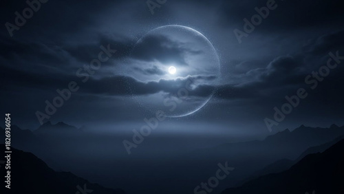 Ethereal lunar ring encircles a misty mountain landscape under a cloudy night sky, evoking mystery and wonder