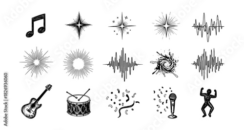 Hand-drawn music and sound elements collection: guitar, microphone, drum, notes, and soundwaves