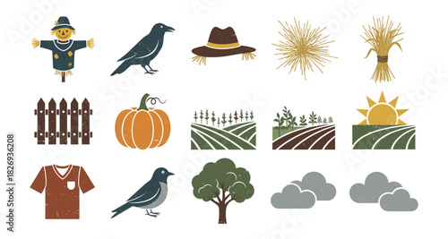 Rustic farm life elements with scarecrow, pumpkin, and fields in flat style