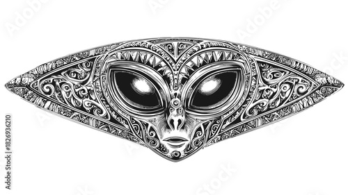 Intricate ornate alien face illustration, mysterious tribal extraterrestrial mask design with glowing eyes, sci-fi fantasy art