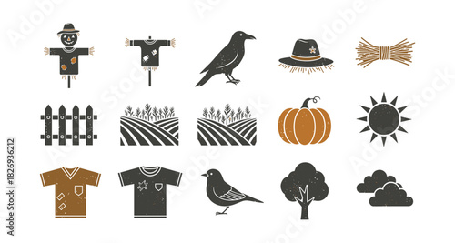 Rustic autumn icons with scarecrows, pumpkins, and harvest symbols in grunge style