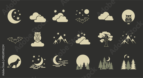 Vintage night sky elements: moon, stars, trees, wildlife silhouettes
