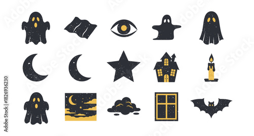 Spooky halloween icons with ghosts, moon, and haunted house in grunge style