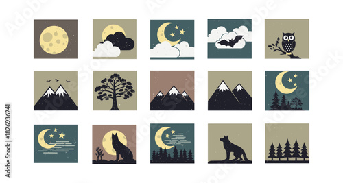 Nighttime nature icons: moon, stars, and wildlife scenes in flat style