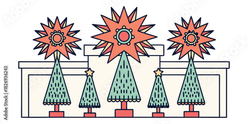 A stylized illustration of Christmas trees with star toppers arranged on a mantelpiece.