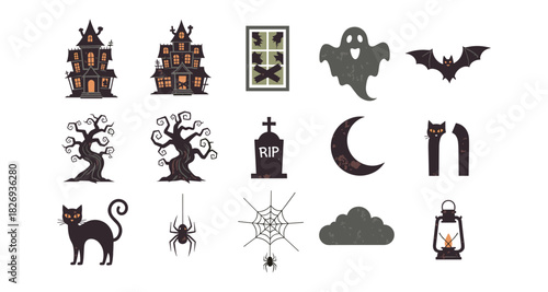 Spooky halloween icons collection with haunted houses, ghosts, and bats