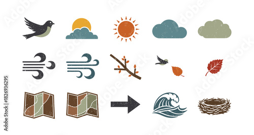 Vintage weather and nature icons: sun, clouds, wind, and waves illustrations