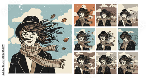 Woman with flying hair and scarf in various seasonal backgrounds