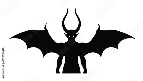 A striking, minimalist silhouette of a horned, bat winged figure