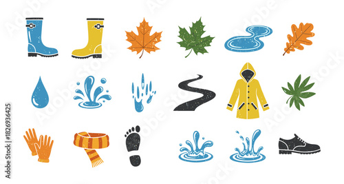 Autumn items collection with boots, leaves, and rain elements