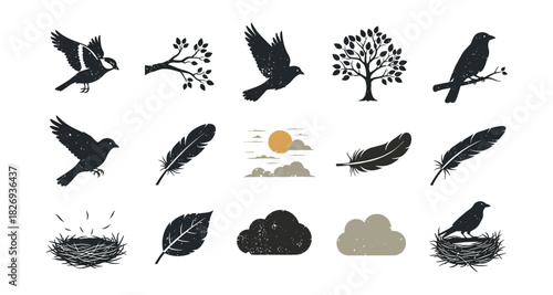 Vintage bird icons collection with nature elements and silhouettes