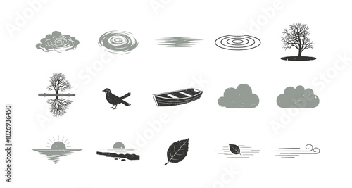 Minimalist nature icons set: trees, sunsets, clouds, and more in monochrome
