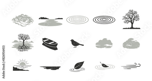 Nature icons set: cloud, landscape, tree, boat, bird, sunset, ripple effect