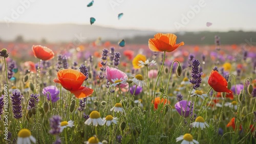 beautiful flower field with butterflies for background