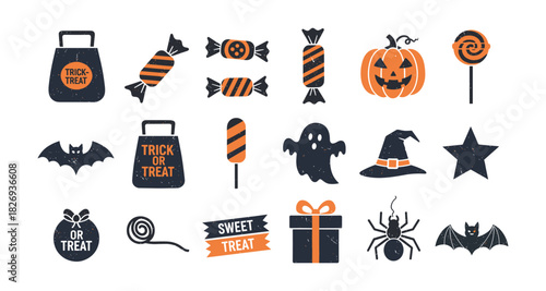Halloween icons: candy, ghosts, and pumpkins in flat silhouette style