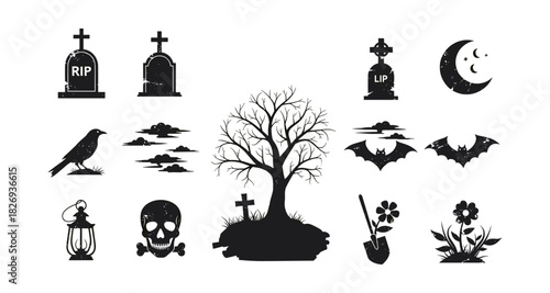 Silhouette halloween icons: tombstones, bats, and creepy tree elements on white background