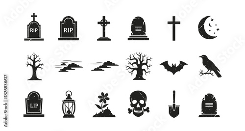 Halloween silhouette icons: tombstones, crosses, and spooky elements collection