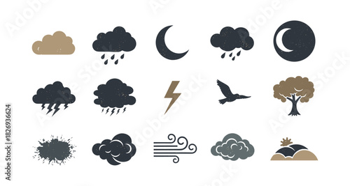 Weather symbol set: moon, clouds, sun, and elements in trendy flat style