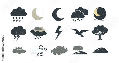 Minimalist weather icons: clouds, rain, and nature symbols in grunge style