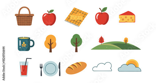 Charming picnic elements with trees, clouds, and food in flat style