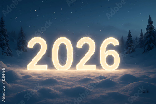 New Year's card 2026. Glowing Numbers 2026 in the snow, on a dark background.