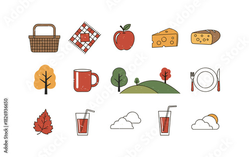 Charming picnic elements with trees, food, and nature icons in modern flat style