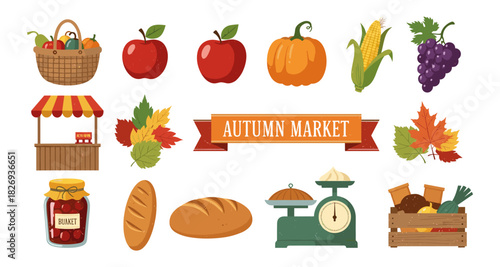 Colorful autumn market elements with seasonal fruits, vegetables, and leaves