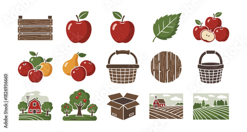 Rustic farm icons set featuring apples, baskets, and scenic landscapes