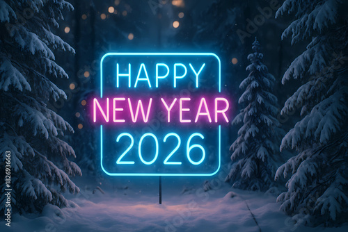 New Year's card for 2026. The non-standard numbers 2026 and the inscription "Happy New Year" against the background of a dark winter forest.