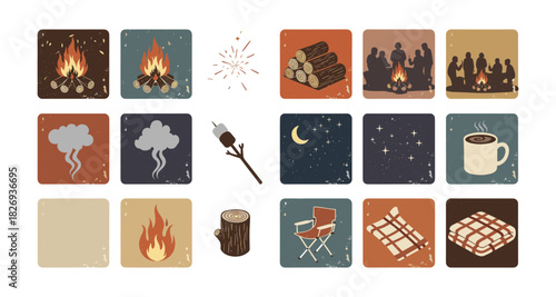 Retro camping icons: campfire, marshmallows, and cozy nights under the stars