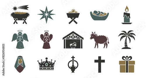 Rustic nativity and christmas icons set with religious and festive symbols in vintage style