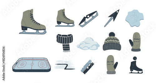 Winter ice skating essentials: gear, rink, and apparel in flat design