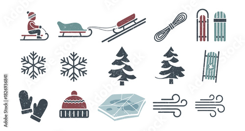 Winter activities icon set featuring sledding, snowflakes, and pine trees in rustic flat design