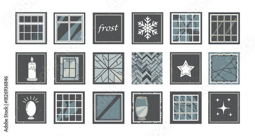 Rustic winter window icons with frosty patterns and seasonal designs